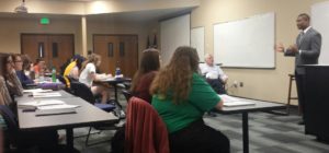 Midwest Coordinator Pandit Mami speaks with students at Colorado Christian University.